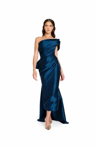 Nicole Bakti 7339 One-Shoulder Asymmetrical Tea-Length Dress - An elegant dress featuring an asymmetrical draped design, one-shoulder neckline, bow back detail, and floor-sweeping tail/train for sophistication and style.