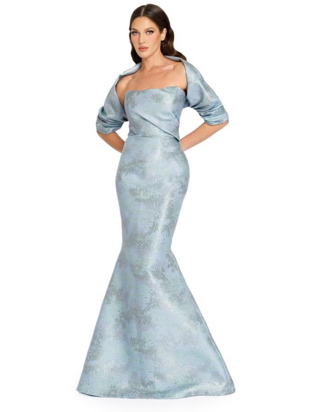 Nicole Bakti - 7365 - Jacquard Evening Gown With Shrug Blue / 8 / Jacquard Nicole Bakti - 7365 - Jacquard Evening Gown With Shrug Blue / 8 / Jacquard