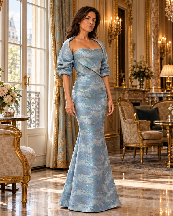 A woman stands in an ornate, luxurious room wearing a floor-length light blue gown with a shimmering textured pattern. The gown features a square neckline, voluminous puffed sleeves, a fitted bodice, and a flared mermaid-style hem.