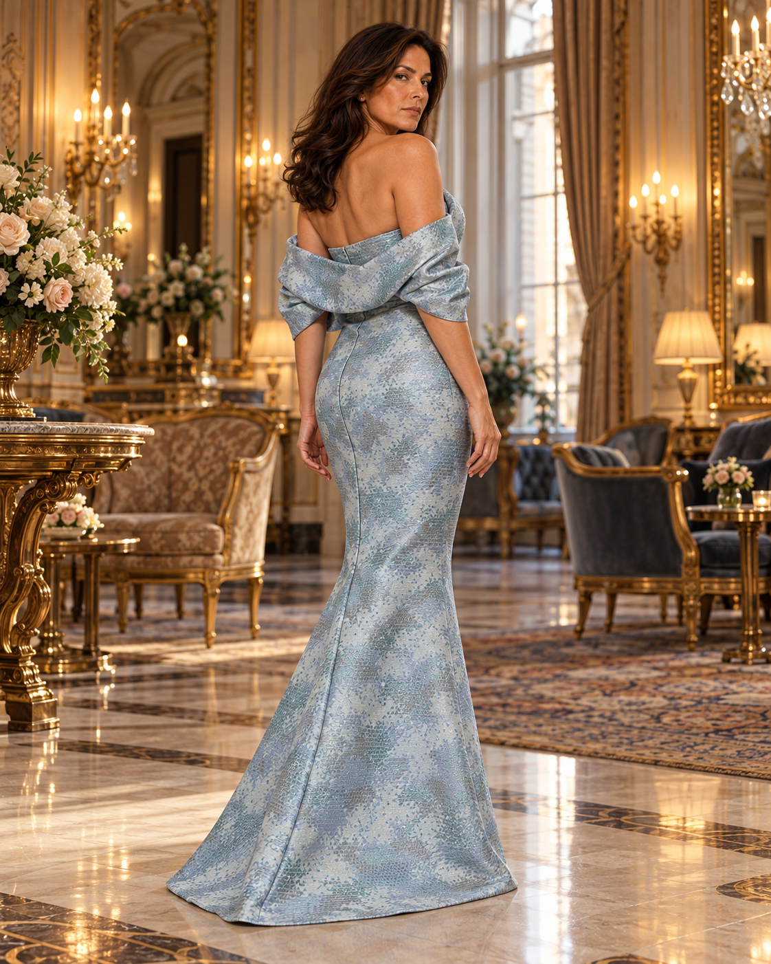 A woman wearing a light blue off-the-shoulder mermaid gown with a subtle floral jacquard pattern, standing in an ornate, luxurious room with gold accents, marble floors, and elegant furniture.
