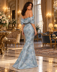 A woman wearing a light blue off-the-shoulder mermaid gown with a subtle floral jacquard pattern, standing in an ornate, luxurious room with gold accents, marble floors, and elegant furniture.