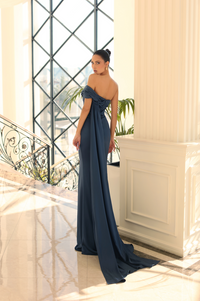 Nicoletta mermaid dress style NC1065 - One shoulder cap sleeve full-length dress with ruching detail. Perfect for evening events, weddings, red carpet affairs, and award ceremonies.