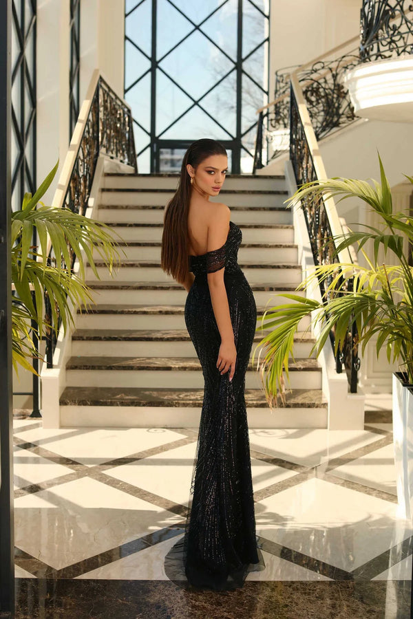 Nicoletta NC1024 Sequinned Mermaid Evening Gown - Mermaid silhouette with off-shoulder neckline and sequinned tulle overlay.