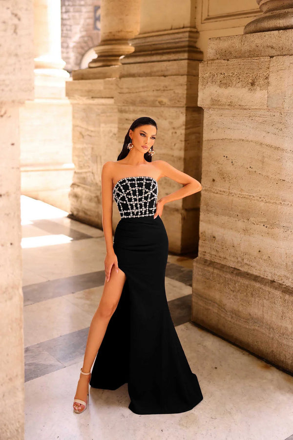 Nicoletta NC1092 Strapless Formal Evening Gown - A stunning strapless gown with a jeweled bodice, train, and high slit.