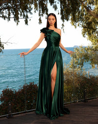 Model wearing Nicoletta NC2062 one-shoulder satin gown with ruffled shoulder and high slit in black, cadet blue, emerald, and vermillion.