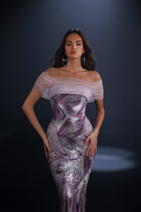 Nicoletta - NC4033 - Off-Shoulder Embellished Column Gown