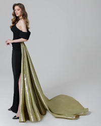 The Noor Fathallah N466 Elegant Strapless Evening Dress, a masterpiece in crepe and guazard, featuring a slit, off-shoulder design, and drapes on the bust for a glamorous evening look.