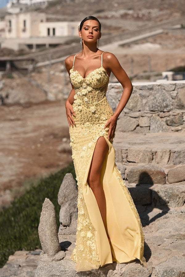 Woman in a yellow evening gown standing on stone steps with a scenic background