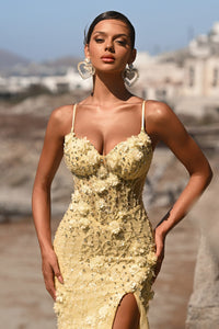 Woman wearing a yellow floral dress with a scenic background