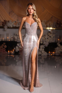 Model wearing Portia & Scarlett PS25986C strapless embellished evening gown with high slit, front and back views.
