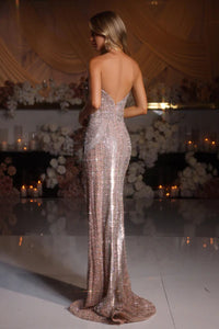 Model wearing Portia & Scarlett PS25986C strapless embellished evening gown with high slit, front and back views.