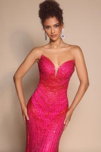 Model wearing Portia & Scarlett PS26004 strapless beaded mermaid gown with sweetheart neckline and intricate linear detailing.  Model is wearing the color fuchsia.  Close up view of the dress.