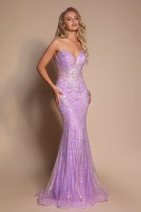 Model wearing Portia & Scarlett PS26004 strapless beaded mermaid gown with sweetheart neckline and intricate linear detailing.  Model is wearing the color lilac.
