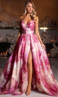 Model wearing Portia & Scarlett PS26075 strapless A-line gown with high slit and floral detailing.