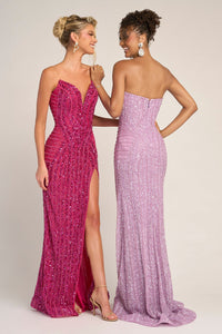 Two women wearing strapless, floor-length dresses in pink and purple.