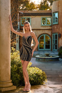 Model wearing Portia & Scarlett PS26820C strapless cocktail dress featuring a sweetheart neckline, allover embellishments, and a fitted mini silhouette.
