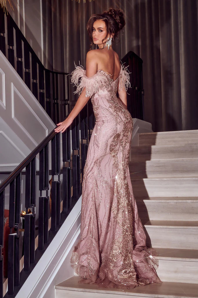 Rose Gold Off-Shoulder Glitter Feather Dress by Portia & Scarlett - Available at Madeline's Boutique in Toronto, Canada and Boca Raton, Florida