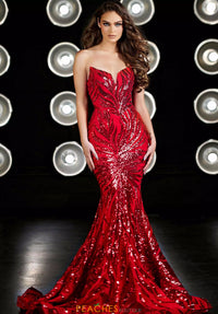 Portia & Scarlett PS22538 - A captivating multi-color sequinned foliage evening gown with a plunging V neckline and mermaid silhouette. The model is wearing the dress in the color red.