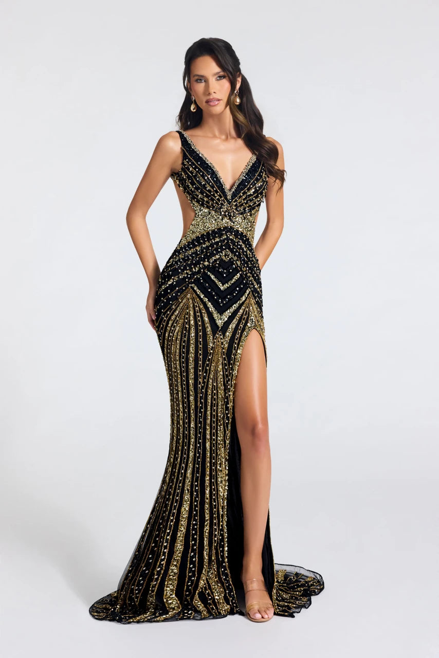 Portia & Scarlett PS27001C embellished fitted gown featuring a plunging V-neckline, geometric beading, open back, side cutouts, and thigh-high slit.  The model is wearing the dress in the color Black Gold.