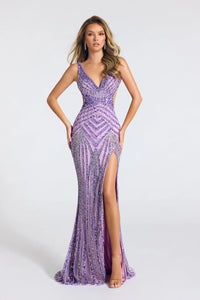 Portia & Scarlett PS27001C embellished fitted gown featuring a plunging V-neckline, geometric beading, open back, side cutouts, and thigh-high slit.  The model is wearing the dress in the color lilac.