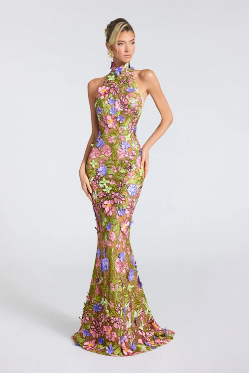 Portia & Scarlett PS27500E high neck floral mermaid gown featuring dimensional floral appliqués, a dramatic open back, and a sweeping train.