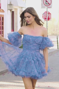 Madeline's Boutique is the ultimate destination for the latest Sherri Hill prom and homecoming dresses. This floral blue print strapless tulle dress with pleated bodice, ruffle embellishments on the skirt, and removable ballon sleeves will make you standout and shine as you dance away on your big night! Available at Both Madeline's Locations in Toronto, Canada and Boca Raton, Florida.  This is a video of the Sherri Hill 55857.