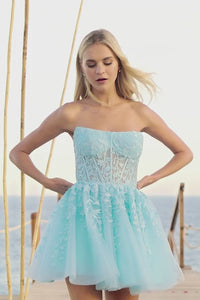 Sherri Hill Style 55833 Cocktail Dress - Strapless leaf lace design with sheer corset bodice and tulle skirt. Perfect for Bat Mitzvahs and Homecoming Find your perfect dress at Madeline's Boutique in Toronto, Ontario or Boca Raton, Florida today!  Video of the Sherri Hill 55833.