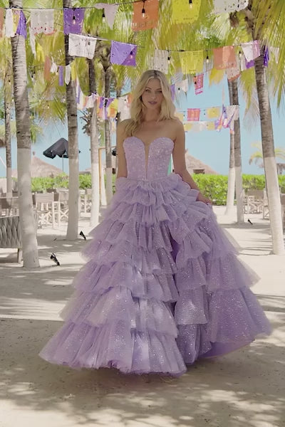 Sherri Hill 56139 - A strapless ruffle ballgown with pearl and sequin embellishments, perfect for an elegant and glamorous look at prom or evening events.  This is a video of the model wearing the dress.