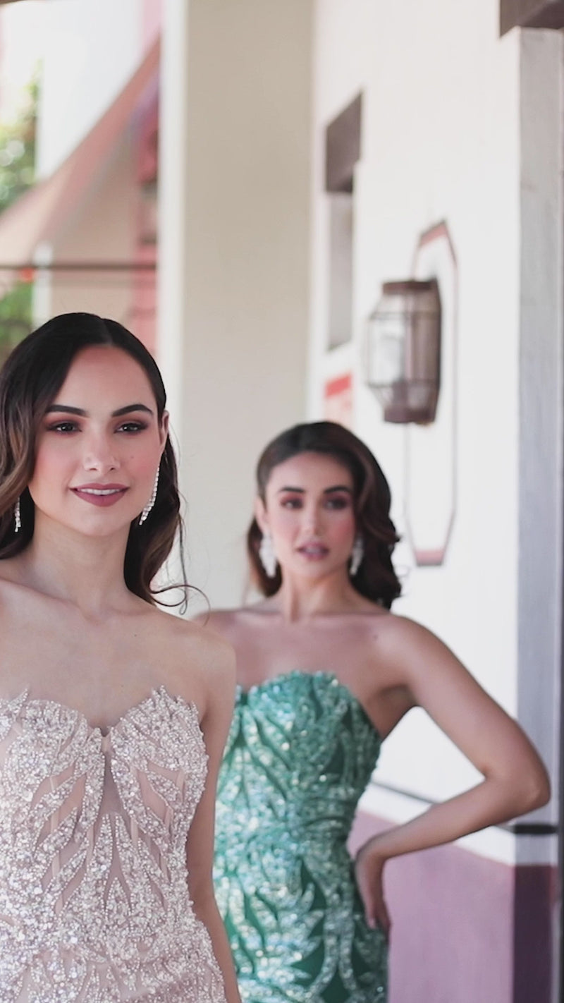 Elegant Terani Couture Prom Dress with Sparkly Embroidery | Perfect for Prom | Madeline's Boutique - Toronto and Boca Raton, Florida Locations.  Video of Models wearing emerald and nude versions of dress.