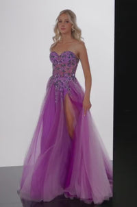 Jovani 23710 Lilac A-Line Prom and Quinceanera Dress - A sweetheart neckline gown with a beaded sheer corset bodice, high slit, and flowing A-line skirt in a lovely lilac hue for a stylish and sophisticated look.  This is a video of the model wearing the dress.