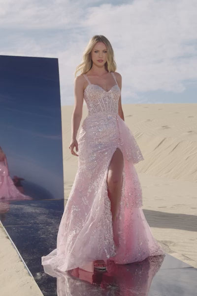 Sherri Hill 56589 sequin corset gown in pink with ruffle overskirt and high slit, perfect for prom and formal evenings.  This is a video.