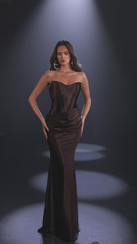 Nicoletta NC4113 strapless gown with sweetheart neckline, structured corset bodice, draped hips and floor-length silhouette.  This is a video of the model wearing the dress.