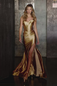 A chic strapless sweetheart evening gown by Sherri Hill, made from silky stretched jersey fabric, featuring a corset bodice, ruching, and a skirt slit.  This is a video of the model wearing the dress.
