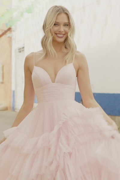 Sherri Hill 56461 Ruffle Tulle Ballgown with Spaghetti Straps - Dramatic ballgown with ruffled tulle layers and spaghetti straps.  This is a video of the model wearing the dress.