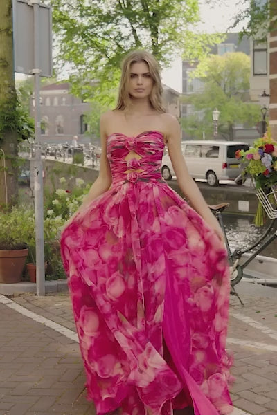 Sherri Hill 56241: Enchanting strapless floral A-line gown with rosette embellishments and strategic keyholes.  This is a video of the model wearing the dress.
