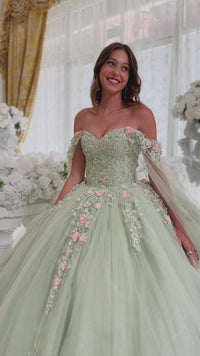 Ladivine 15716 off-the-shoulder sage green ball gown with floral and lace appliqué, perfect for Quinceañera celebrations.  This is a video.