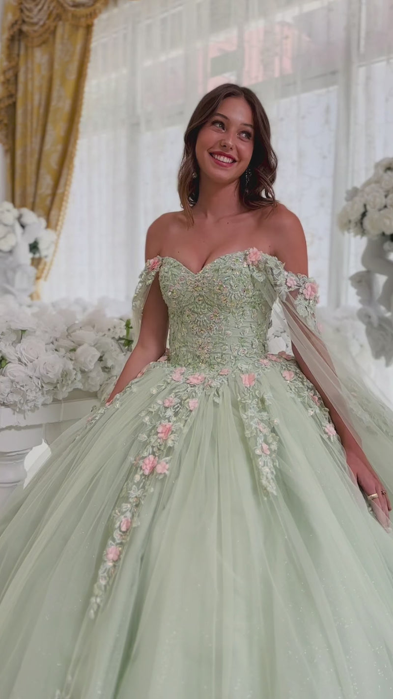 Ladivine 15716 off-the-shoulder sage green ball gown with floral and lace appliqué, perfect for Quinceañera celebrations.  This is a video.