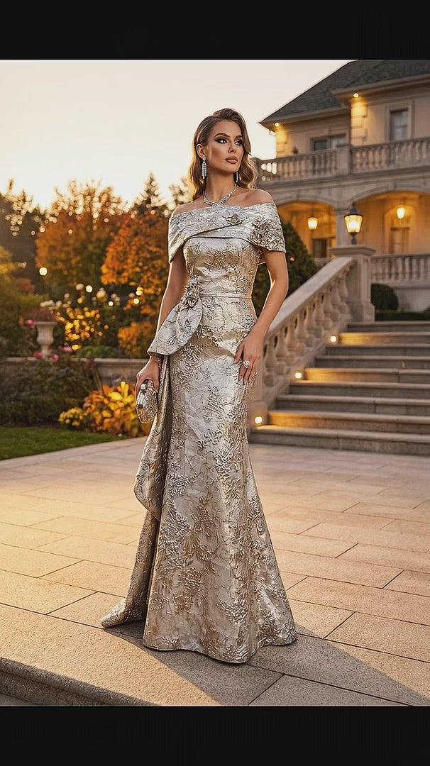 Model wearing Terani Couture 262M7303 trumpet gown with oversized peplum accent and off-the-shoulder neckline.  This is a video of the model wearing the dress.