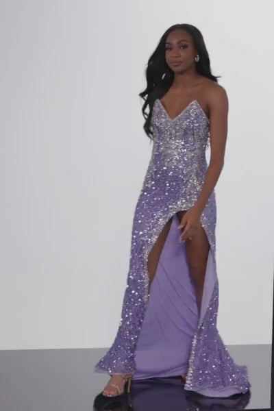Jovani 36537 Sequin and Crystal Embellished Prom Dress - A stunning fitted gown with sequin and crystal embellishments, ideal for a glamorous prom night.  This is a video of the model wearing the dress in Silver/Lilac.