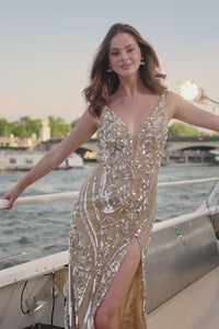 Sherri Hill 56889 Fully Beaded Gown featuring a deep V-neckline, high slit, and intricate shimmering embellishments, perfect for evening formals and prom.  This is a video.