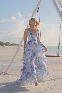 Sherri Hill 56098 Elegant Ruffle Chiffon A-Line Gown - A captivating chiffon A-line gown with beautiful ruffles, a taffeta bodice, and a skirt slit for a modern and elegant look.  This is a video of the model wearing the dress.