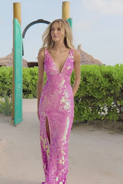 Sherri Hill 56069 High Slit Fully Sequinned Prom Gown - A show-stopping prom gown featuring a high slit, fully sequinned brilliance, deep V-neckline, open back, and sequins getting larger as you move down to the hem for a dynamic and eye-catching look.  This is a video of the dress.
