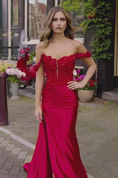 Sherri Hill 56176 Ruched Waist Prom Gown with High Slit - An enchanting prom gown featuring a ruched waist, high slit, boned floral bodice, keyhole bodice, and off-the-shoulder cap sleeves for a flattering and stylish look.