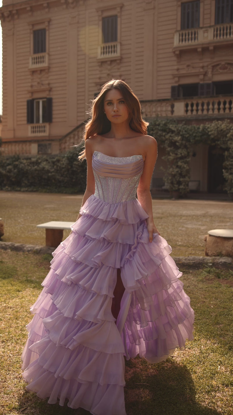 layered ruffle dress Deep V-Neck Tulle Ball Gown with Cascading Ruffles Lotus Threads Bridal 33.0 Waist Ruffled Tiered Mini Dress With