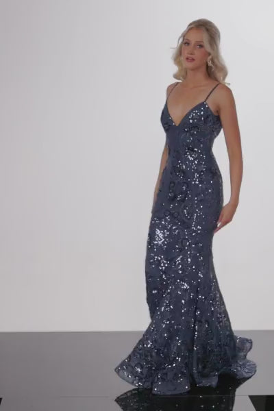 Jovani 23839 Floral Sequin Backless Form-Fitting Evening Gown - A captivating floral sequin design graces this backless, form-fitting evening gown, offering a perfect blend of allure and sophistication.  This is a video of the model wearing the dress.