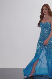 Jovani 4247 Fully Beaded Strapless Prom Gown - A dazzling and fully beaded strapless prom gown with a sweetheart neckline, left leg slit, and a sweeping train for a glamorous entrance.  This is a video of the model wearing the dress.