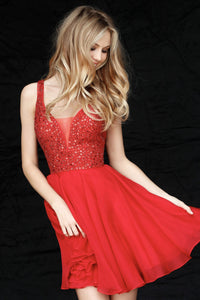 The Sherri Hill Glamorous Beaded V-Neck Cocktail Dress featuring a beaded bodice and a flowing chiffon skirt. Ideal for homecoming and special occasions.