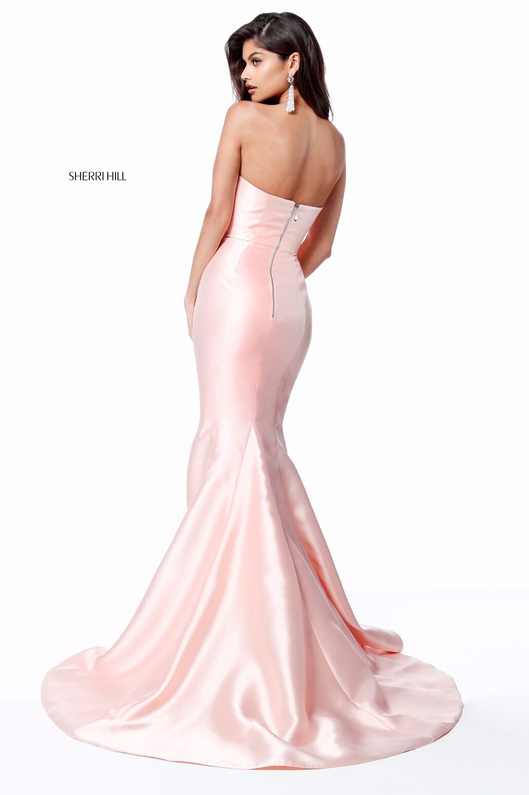Sherri Hill 51671 - An elegant strapless mikado mermaid gown with a high slit, perfect for a sophisticated and timeless look.  The model is wearing the color blush.  Back view.