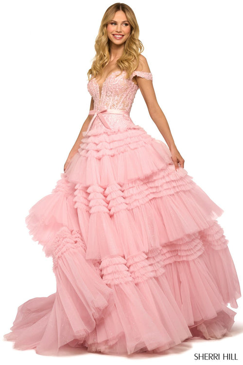 The Sherri Hill Tulle Ballgown with Tiered Ruffle Skirt, a captivating choice for proms, formal events, or a magical quinceañera.