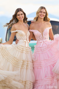 The Sherri Hill Tulle Ballgown with Tiered Ruffle Skirt, a captivating choice for proms, formal events, or a magical quinceañera.